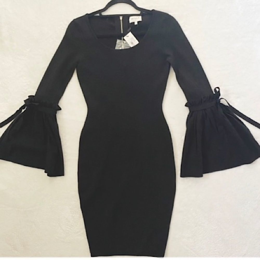 NWT Milly Black Tie Flare Sleeve Fitted Dress